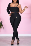 Fashionkova - Black Fashion Solid Buckle Slit Boot Cut High Waist Speaker Solid Color Bottoms