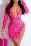 Fashionkova Red Sexy Patchwork Hot Drilling See-through Beading V Neck Long Sleeve Dresses