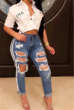 Fashionkova - Blue Denim Zipper Fly Sleeveless Mid Hole Solid washing Patchwork Straight Pants Pants