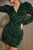 Fashionkova Ink Green Sexy Casual Patchwork Sequins V Neck Long Sleeve Dresses