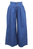 Fashionkova - Dark Blue Denim Button Fly Sleeveless High Solid Patchwork Loose Pants Pants