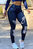 Fashionkova - Dark Blue Fashion Casual Print Basic High Waist Skinny Trousers