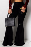 Fashionkova - Black Denim Button Fly Sleeveless High Solid Patchwork Hole Boot Cut Pants