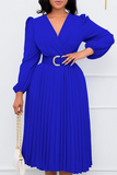 Fashionkova Royal Blue Casual Solid Patchwork Fold V Neck Waist Skirt Dresses(With Belt)