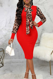 Fashionkova Red Sexy British Style Elegant Leopard Patchwork Printing O Neck Wrapped Skirt Dresses