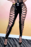 Fashionkova - Black Fashion Sexy Solid Hollowed Out Strap Design Skinny High Waist Pencil Trousers