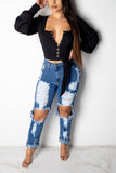 Fashionkova - Blue Denim Button Fly Zipper Fly High Hole Zippered Pocket washing pencil Pants Pants