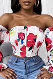 Fashionkova - White Casual Print Backless Off the Shoulder Tops