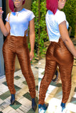 Fashionkova - Brown PU Elastic Fly Mid Solid Draped pencil Pants Bottoms