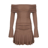 FashionKova - Ruffle Off Shoulder Ribbed Mini Dress