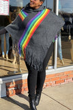 Fashionkova - Dark Gray Scarf Collar Rainbow Patchwork tassel Others Long Sleeve