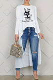 Fashionkova - White Red Casual Print Asymmetrical O Neck Tops