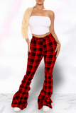 Fashionkova - Red Sexy Plaid Patchwork Boot Cut Mid Waist Speaker Full Print Bottoms