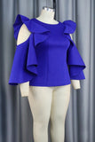 Fashionkova - Blue Casual Solid Hollowed Out Patchwork Flounce O Neck Tops