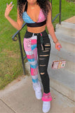 Fashionkova - Grey Fashion Casual Print Ripped Regular Trousers