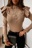 Fashionkova - White Elegant Solid Lace Half A Turtleneck Tops