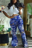 Fashionkova - Blue Fashion Casual Print Pants Regular Trousers