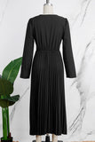 Fashionkova Red Casual Solid Frenulum Pleated V Neck Long Sleeve Dresses