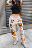 Fashionkova - White Fashion Casual Skull Head Print Basic Regular Mid Waist Trousers