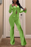 Fashionkova - Fluorescent green Elastic Fly Long Sleeve Mid Solid Loose Pants Bottoms