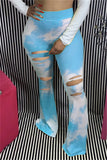 Fashionkova - Light Blue Blends Elastic Fly Mid Print Hole Boot Cut Pants Bottoms