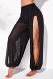 Fashionkova - Black Fashion Casual Solid See-through Slit Regular High Waist Trousers