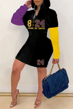 Fashionkova Purple Yellow Street Print Patchwork Letter Zipper Collar One Step Skirt Dresses