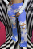 Fashionkova - Light Blue Blends Elastic Fly Mid Print Hole Boot Cut Pants Bottoms