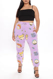 Fashionkova - Yellow and purple Drawstring Mid Print Character Straight Pants Bottoms