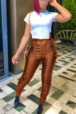 Fashionkova - Brown PU Elastic Fly Mid Solid Draped pencil Pants Bottoms