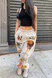 Fashionkova - White Fashion Casual Skull Head Print Basic Regular Mid Waist Trousers