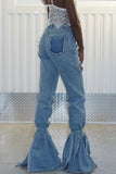 Fashionkova - Light Blue Denim Button Fly Sleeveless High Patchwork washing Hole Solid bandage Boot Cut Pants