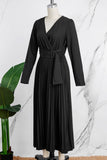 Fashionkova Black Casual Solid Frenulum Pleated V Neck Long Sleeve Dresses
