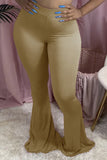 Fashionkova - Khaki Elastic Fly Mid Solid Boot Cut Pants Bottoms