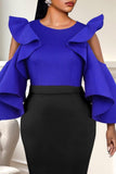 Fashionkova - Blue Casual Solid Hollowed Out Patchwork Flounce O Neck Tops