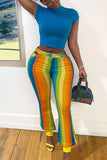 Fashionkova - Multi-color Elastic Fly Mid Striped Print Patchwork Boot Cut Pants Pants