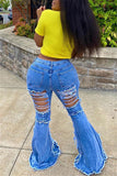 Fashionkova - Blue Street Denim Solid Ripped Boot Cut Bottoms