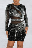 Fashionkova Black Sexy Patchwork Hot Drilling See-through O Neck Long Sleeve Dresses