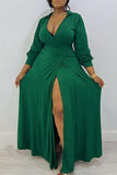 Fashionkova Green Casual Daily Elegant Simplicity Slit Solid Color V Neck Maxi Dresses