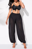 Fashionkova - Black Fashion Casual Solid See-through Slit Regular High Waist Trousers