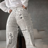 FashionKova - Newspaper Print Washed Boyfriend Jeans