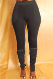 Fashionkova - Black Casual Color Block Slit Skinny Mid Waist Pencil Solid Color Bottoms