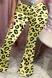 Fashionkova - Khaki Elastic Fly Mid Leopard Print Boot Cut Pants Bottoms