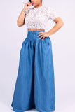 Fashionkova - Dark Blue Denim Button Fly Sleeveless High Solid Patchwork Loose Pants Pants