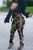 Fashionkova - Grey Sexy Casual Camouflage Print Hollowed Out Strap Design Regular Pencil Trousers