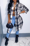 Fashionkova - Black Casual Plaid Print Patchwork Pocket Buckle Turndown Collar Outerwear