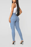 Fashionkova - Blue Denim Button Fly Zipper Fly High Zippered Pocket washing Hole pencil Pants Pants