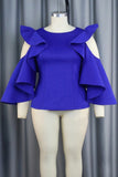 Fashionkova - Blue Casual Solid Hollowed Out Patchwork Flounce O Neck Tops