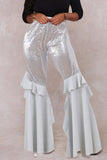 Fashionkova - White Elastic Fly Mid Sequin Solid Loose Pants