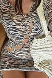 Fashionkova Zebra Sexy Celebrities Zebra Print Hollowed Out Patchwork Draw String Printing O Neck Mesh Dress Dresses